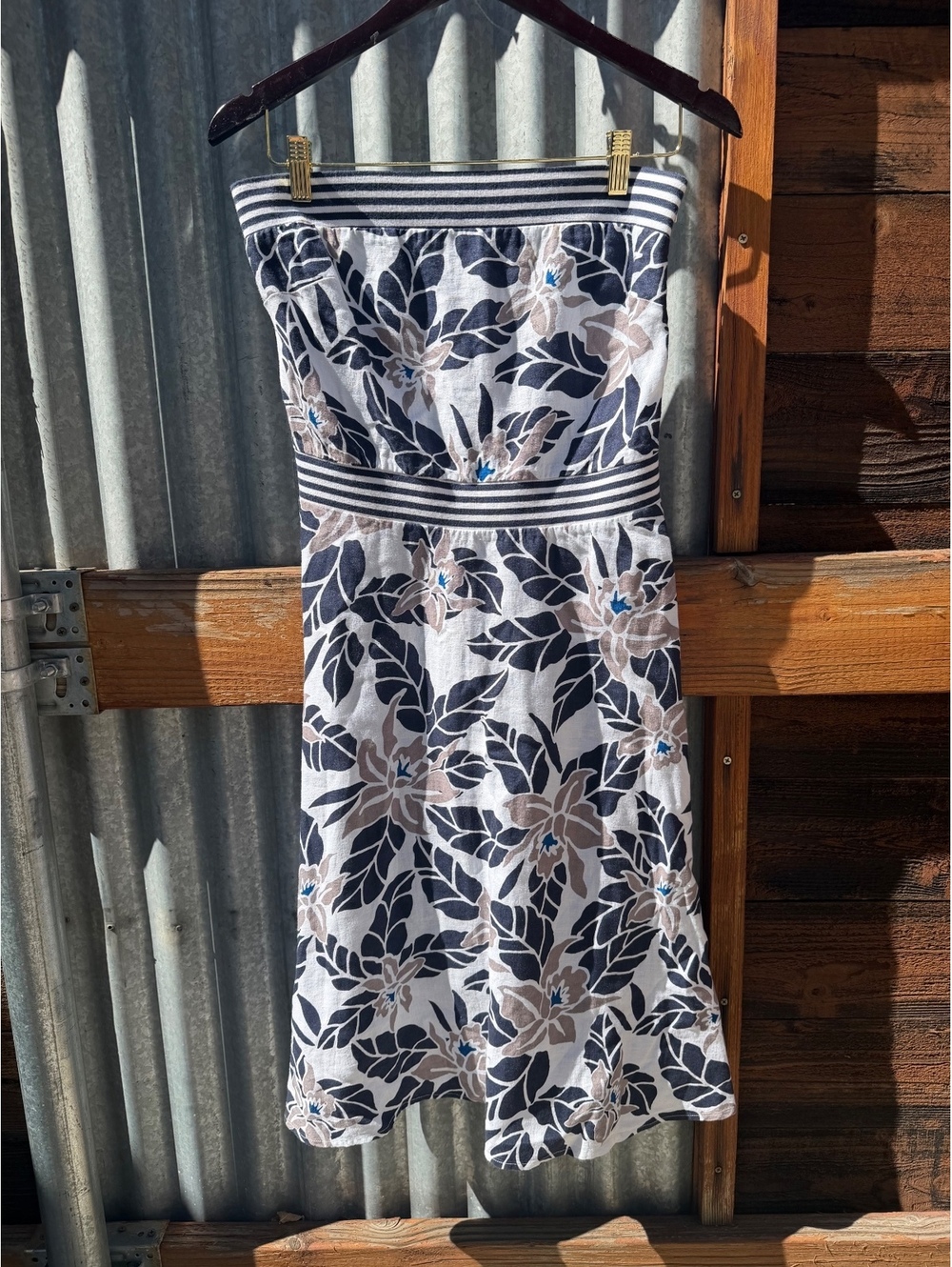 Tommy Bahama Strapless Floral Linen Dress with Striped Trim, Size S